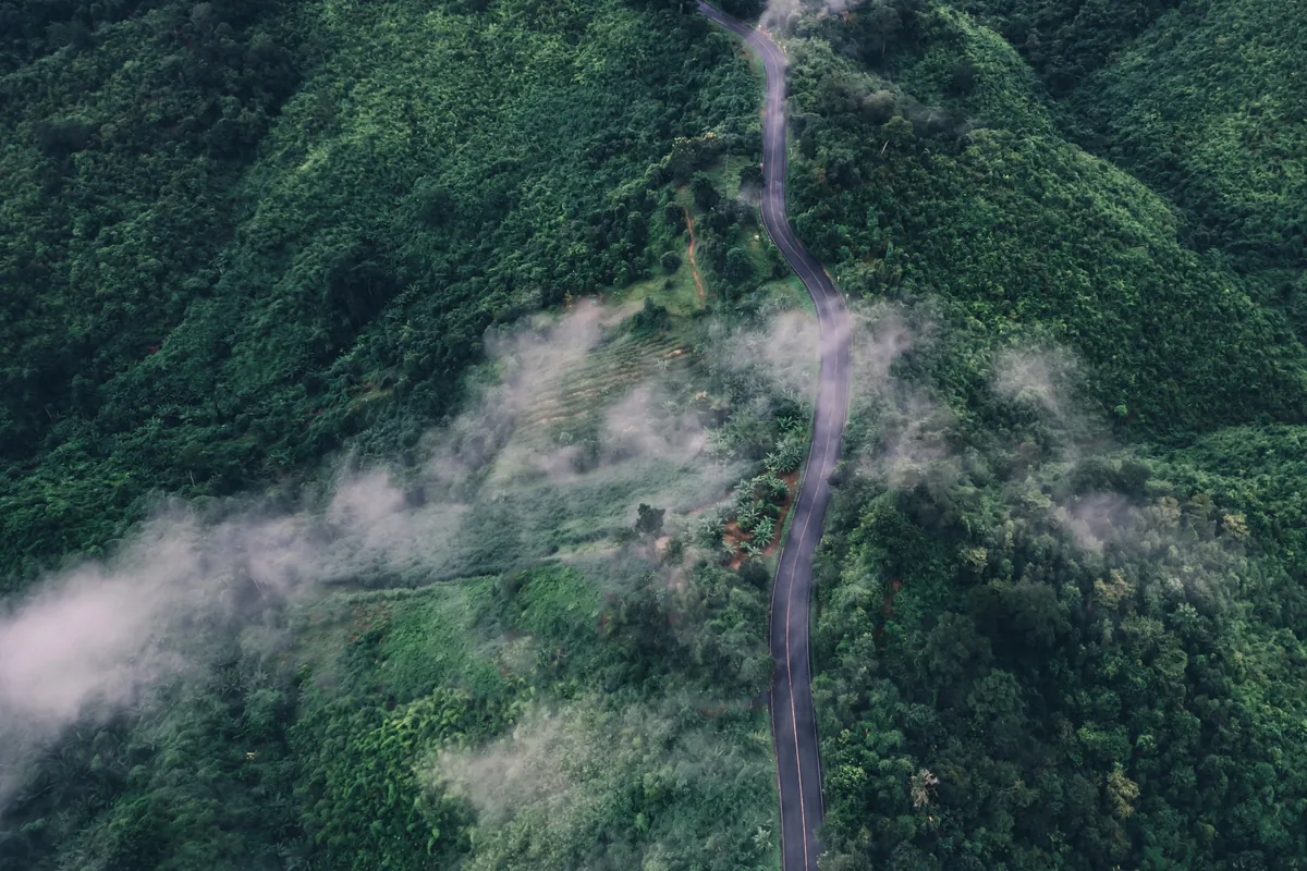 Aerial view of a forested landscape in Indonesia